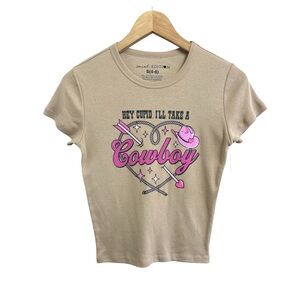Social Edition Tan Short Sleeve 'Cowboy' Graphic Tee - Pink Print